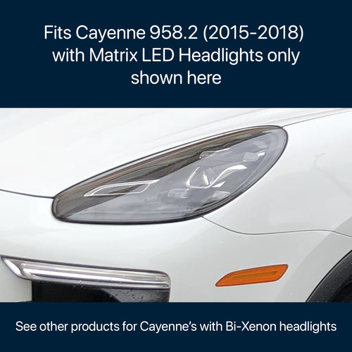 Car headlight with text indicating compatibility for Porsche Cayenne 958.2 (2015-2018) with Matrix LED Headlights.